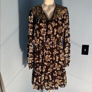 Michael Kors Black and Cream Floral Long Sleeve Dress